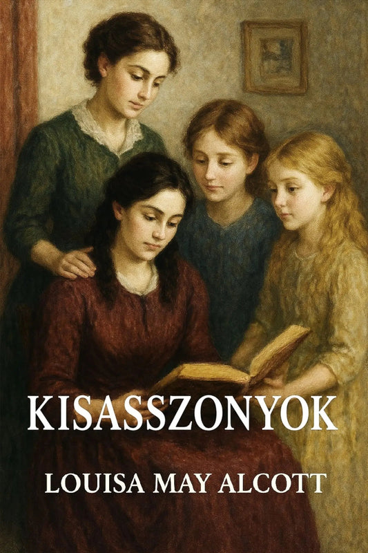 Book cover for 'Kisasszonyok' by Louisa May Alcott, featuring a classical painting of four women gathered around an open book, with the title and author name in white text at the bottom.