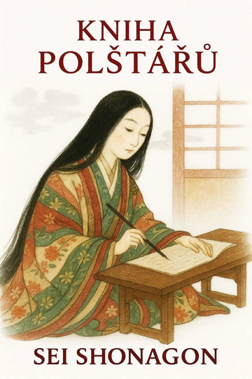 Book cover of 'Kniha polštářů' by Sei Shonagon with a woman in traditional attire writing.