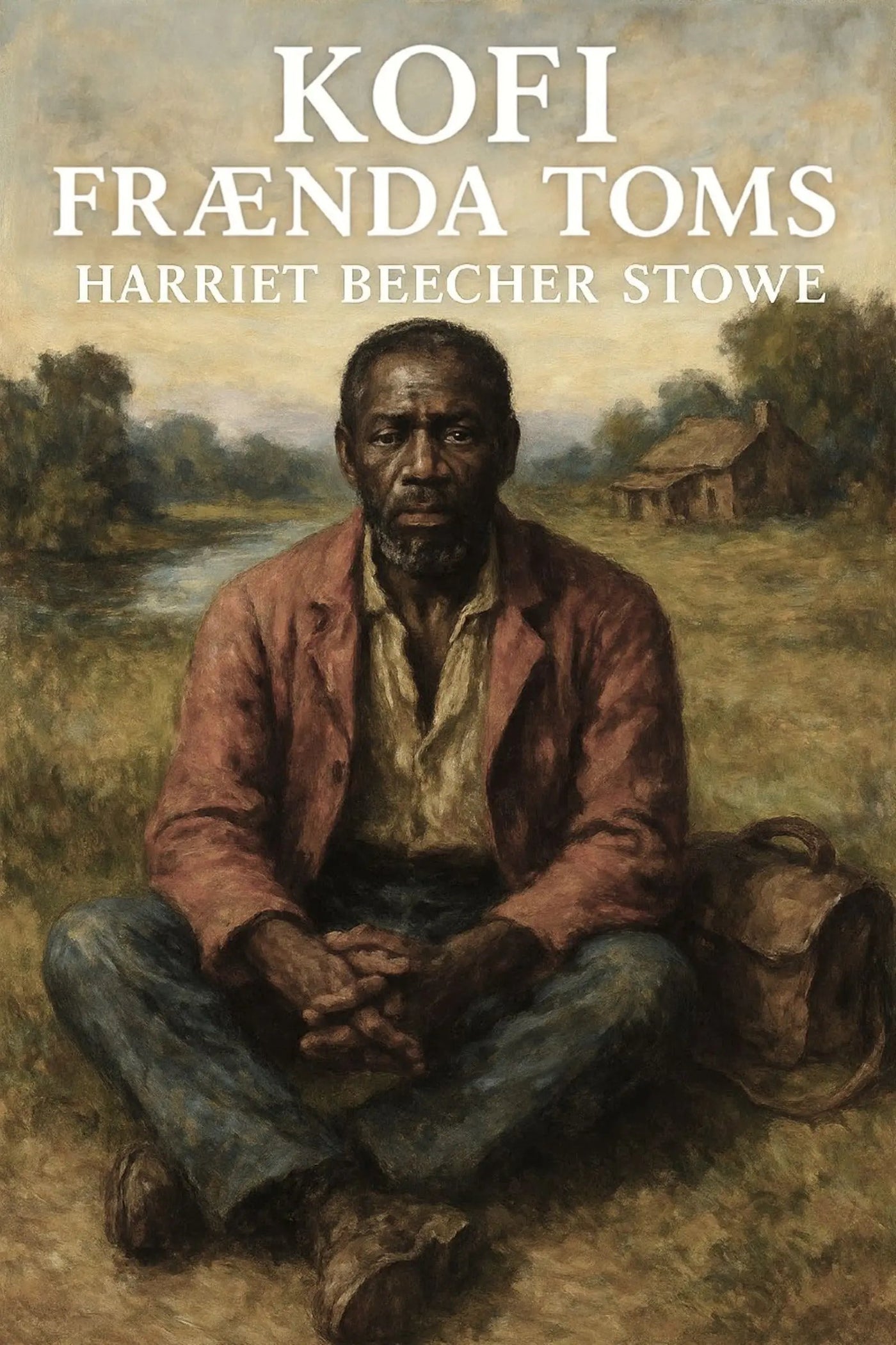 Book cover for 'Kofi frænda Toms' by Harriet Beecher Stowe, featuring a painted seated man in a rust jacket and blue pants in an outdoor rural scene, with the title and author text at the top.
