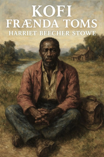 Book cover for 'Kofi frænda Toms' by Harriet Beecher Stowe, featuring a painted seated man in a rust jacket and blue pants in an outdoor rural scene, with the title and author text at the top.