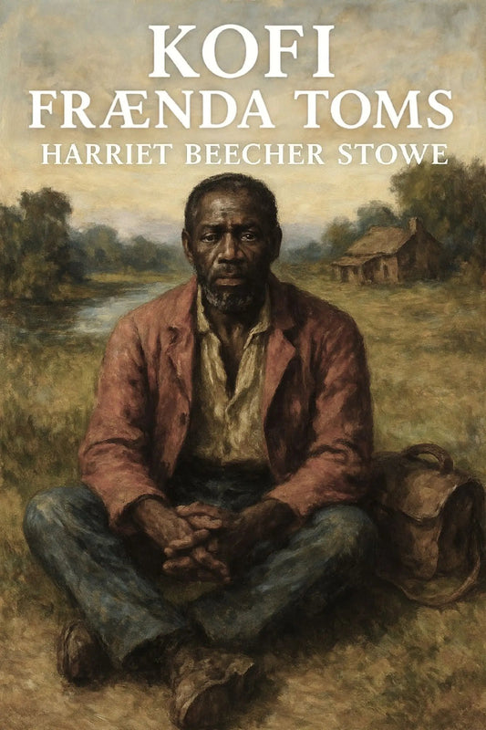 Book cover for 'Kofi frænda Toms' by Harriet Beecher Stowe, featuring a painted seated man in a rust jacket and blue pants in an outdoor rural scene, with the title and author text at the top.