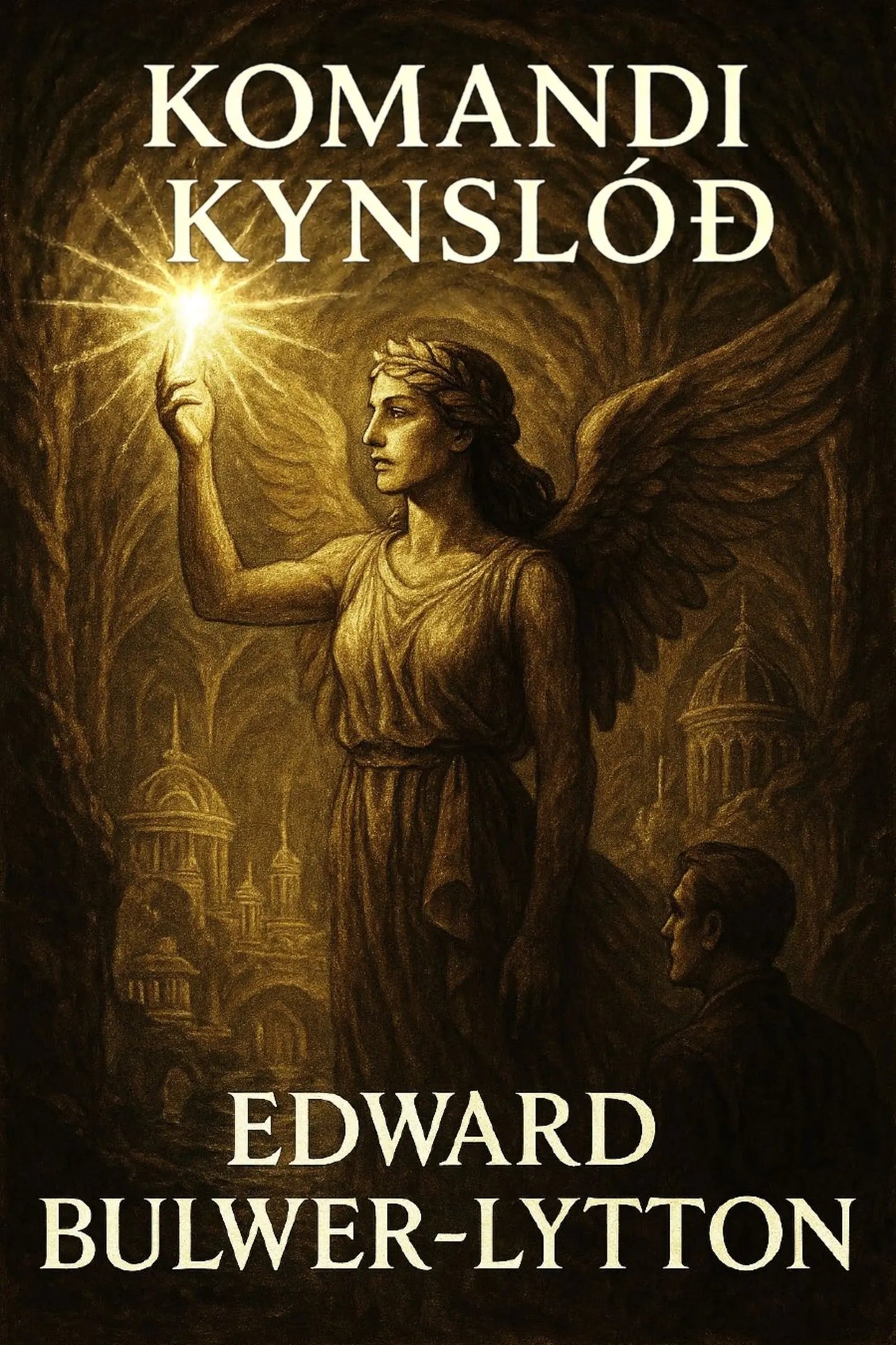 Book cover for 'Komandi kynslóð' by Edward Bulwer-Lytton, featuring a winged female figure holding a bright glowing light in a dark, sepia-toned scene with domed buildings in the background.