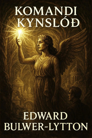 Book cover for 'Komandi kynslóð' by Edward Bulwer-Lytton, featuring a winged female figure holding a bright glowing light in a dark, sepia-toned scene with domed buildings in the background.