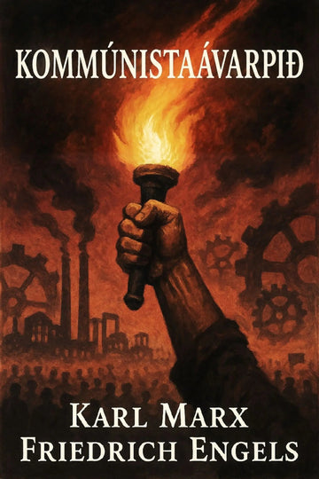 Book cover for 'Kommúnistaávarpið' by Karl Marx and Friedrich Engels, featuring a dramatic illustration of a hand holding a flaming torch above a crowd and industrial skyline.