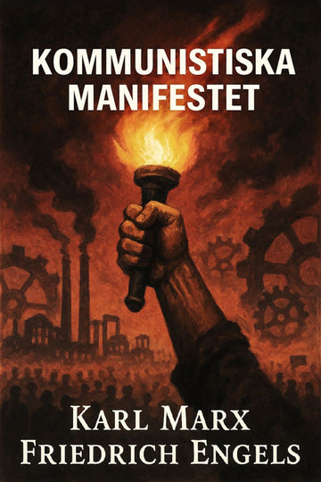Book cover of 'Kommunistiska manifestet' with a hand holding a torch against an industrial background.