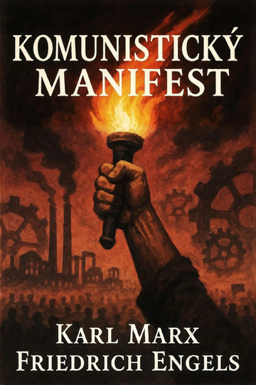Book cover for 'Komunistický manifest' by Karl Marx and Friedrich Engels, featuring a dramatic illustration of a hand holding a flaming torch above an industrial crowd scene.