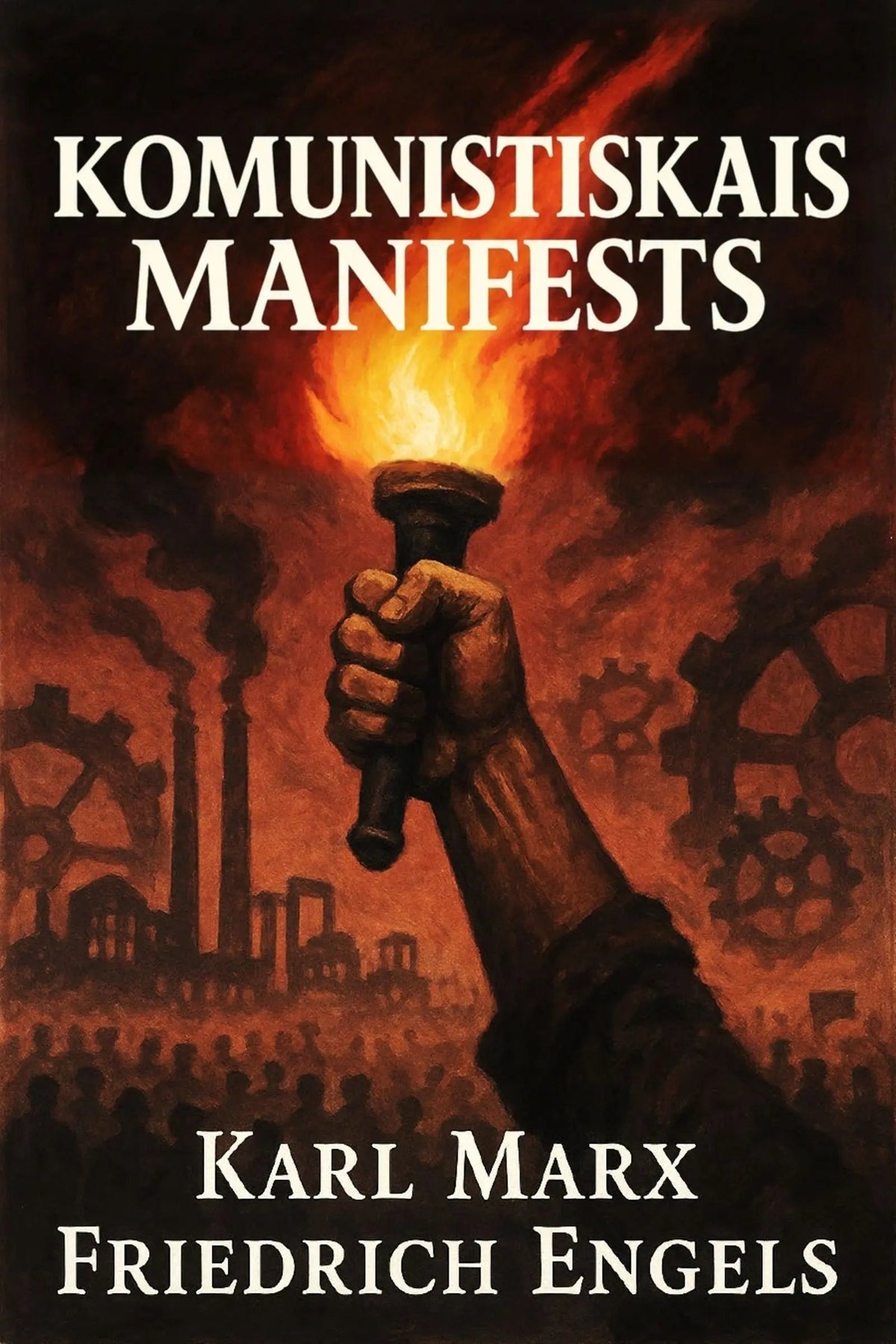 Book cover for 'Komunistiskais manifests' by Karl Marx and Friedrich Engels, featuring a dramatic illustration of a hand holding a flaming torch above an industrial crowd scene in fiery red, orange, and black tones.