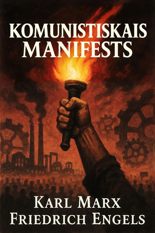Book cover for 'Komunistiskais manifests' by Karl Marx and Friedrich Engels, featuring a dramatic illustration of a hand holding a flaming torch above an industrial crowd scene in fiery red, orange, and black tones.