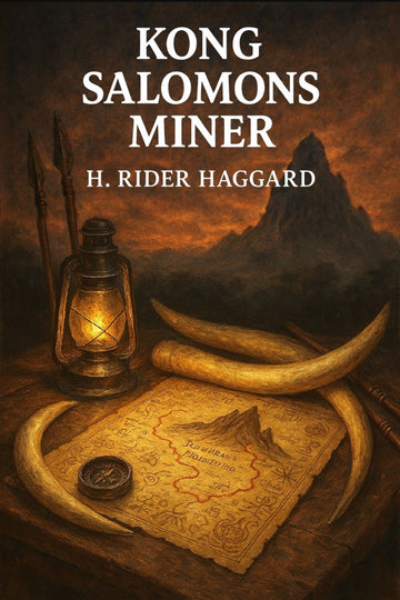 Book cover of 'Kong Salomons miner' by H. Rider Haggard with a lantern, map, and tusks on a dark background.