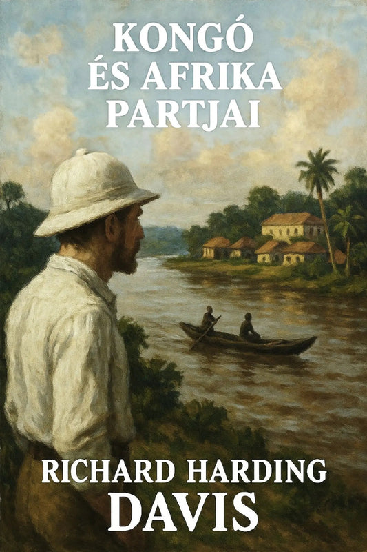 Book cover for 'Kongó és Afrika partjai' by Richard Harding Davis, featuring an oil painting of a man in a safari hat looking towards a riverboat scene with palm trees and buildings.
