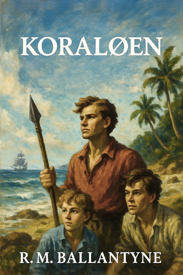 Book cover of 'Koraløen' by R.M. Ballantyne featuring a man and two boys on a tropical beach with a ship in the background.