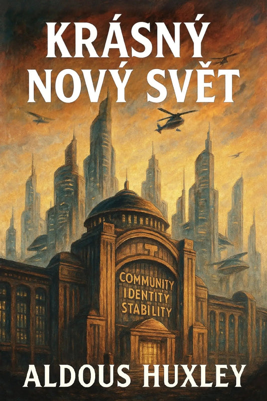Book cover for 'Krásný nový svět' by Aldous Huxley, featuring a dramatic sci-fi cityscape with tall futuristic skyscrapers, flying vehicles, and a large central building with the text 'Community Identity Stability'.