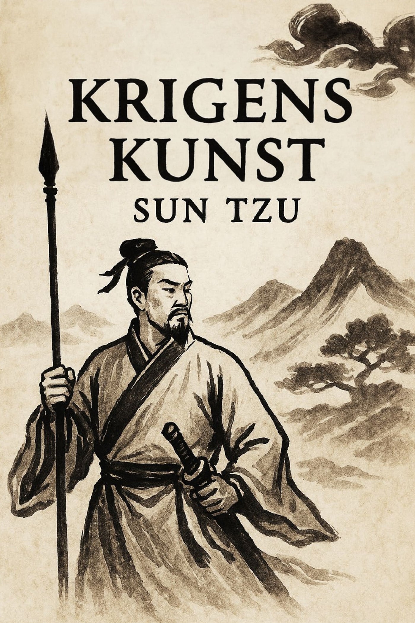 Book cover of 'Krigens kunst' by Sun Tzu with a warrior holding a spear and mountains in the background.