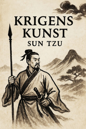 Book cover of 'Krigens kunst' by Sun Tzu with a warrior holding a spear and mountains in the background.