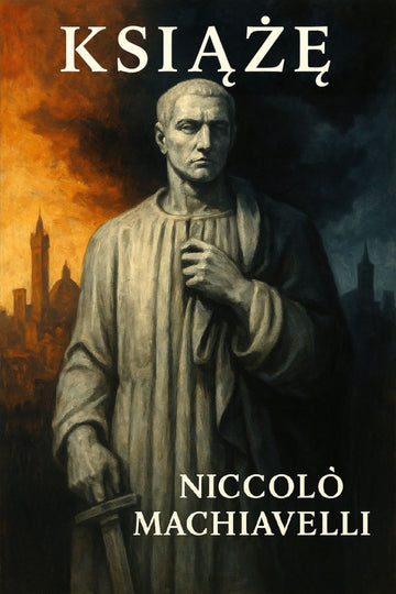 Book cover of 'Książę' by Niccolò Machiavelli with a statue and cityscape in the background.