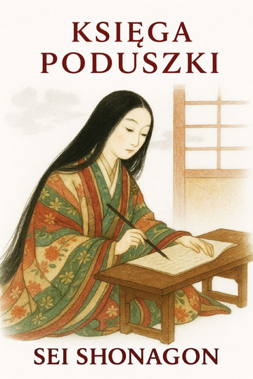 Book cover of 'Księga poduszki' by Sei Shonagon with a woman in traditional attire writing.