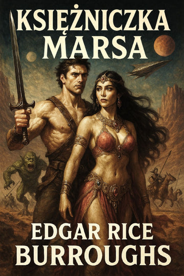 Book cover of 'Księżniczka Marsa' by Edgar Rice Burroughs featuring a warrior and a woman in a desert landscape with spaceships.