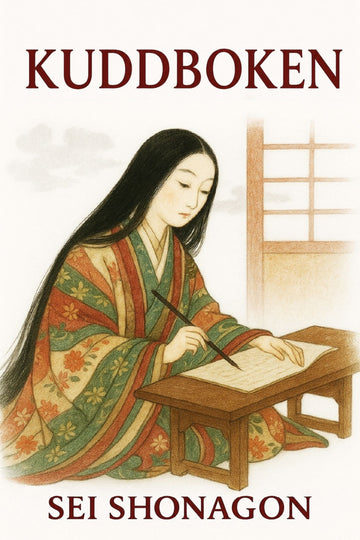 Book cover of 'Kuddboken' by Sei Shonagon featuring a woman in traditional attire writing.
