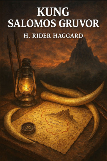 Book cover of 'Kung Salomos gruvor' by H. Rider Haggard with a lantern, compass, and tusk on a table.