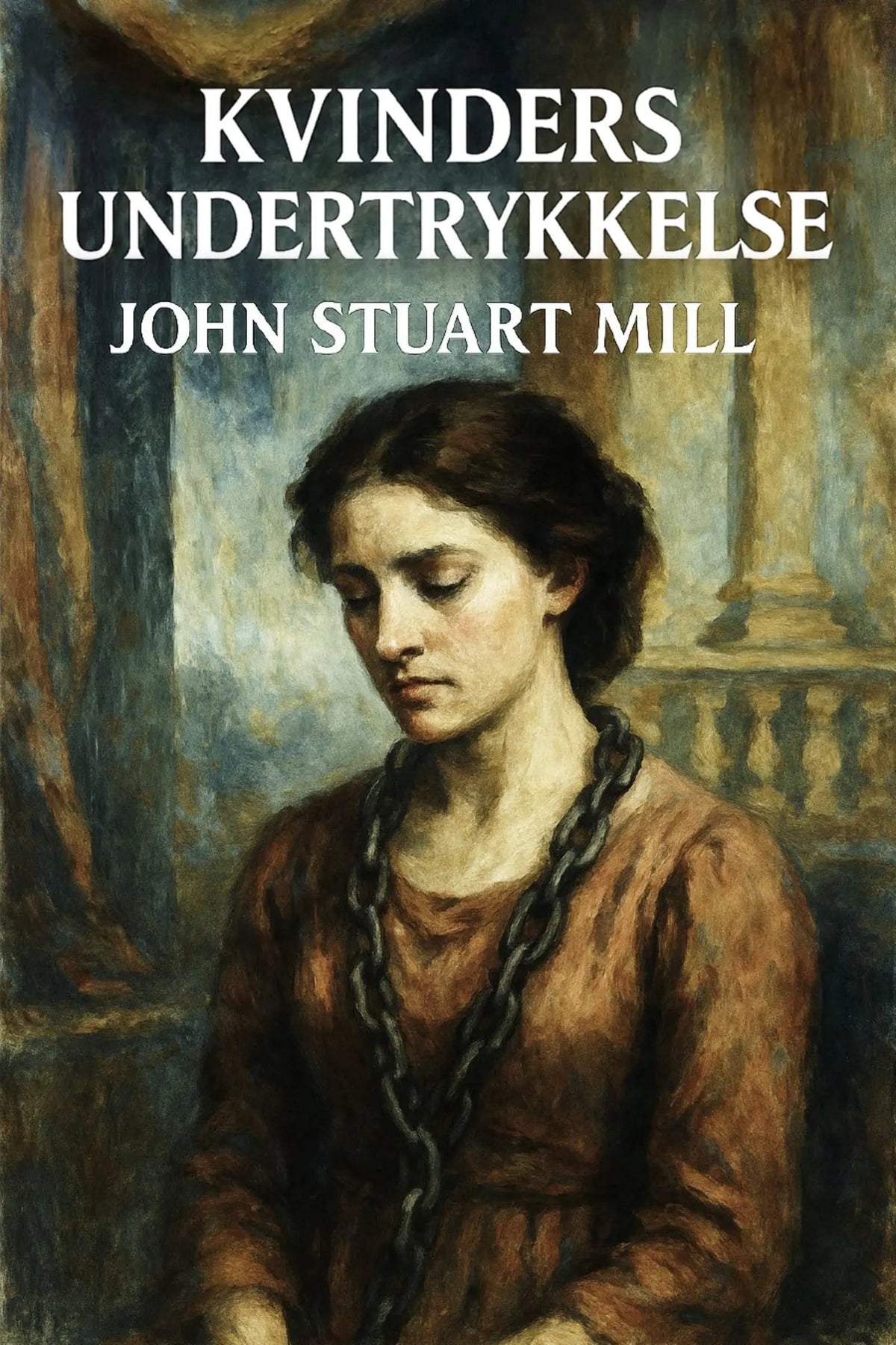 Book cover for 'Kvinders undertrykkelse' by John Stuart Mill, featuring a painted portrait of a woman in a brown dress with a chain around her neck against a dark interior background.