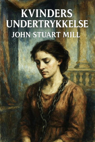 Book cover for 'Kvinders undertrykkelse' by John Stuart Mill, featuring a painted portrait of a woman in a brown dress with a chain around her neck against a dark interior background.