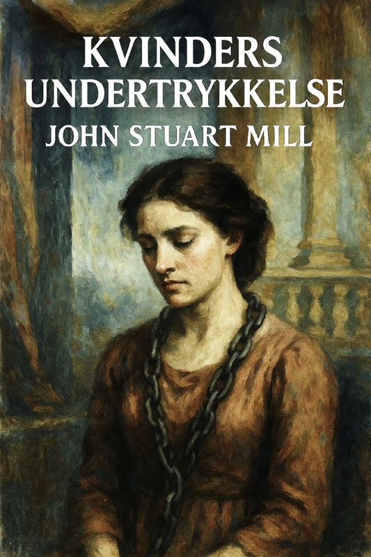 Book cover for 'Kvinders undertrykkelse' by John Stuart Mill, featuring a painted portrait of a woman in a brown dress with a chain around her neck against a dark interior background.