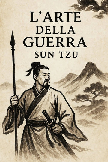 Book cover for 'L’Arte della guerra' featuring a sepia-toned figure in traditional robes holding a spear, with mountains and clouds in the background.