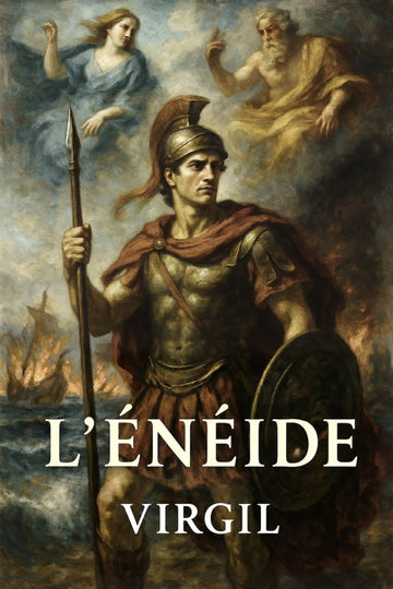 Book cover for 'L’Énéide' by Virgil, featuring a classical painting of a Roman warrior holding a spear and shield, with two gods in the sky above and ships in the background.