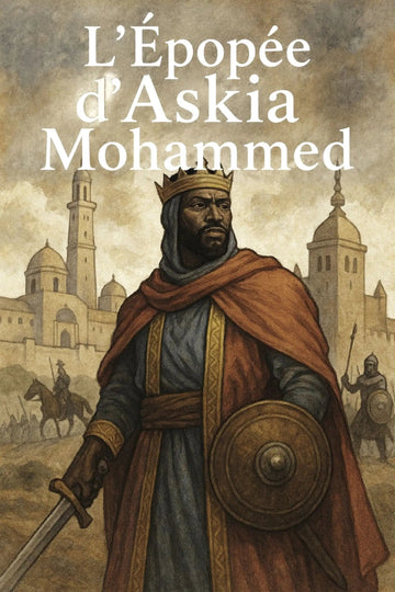 Book cover for 'L’Épopée d’Askia Mohammed' featuring an illustrated historical scene of a crowned king in a brown robe holding a sword and shield, with domed buildings in the background and the title in large white text at the top.