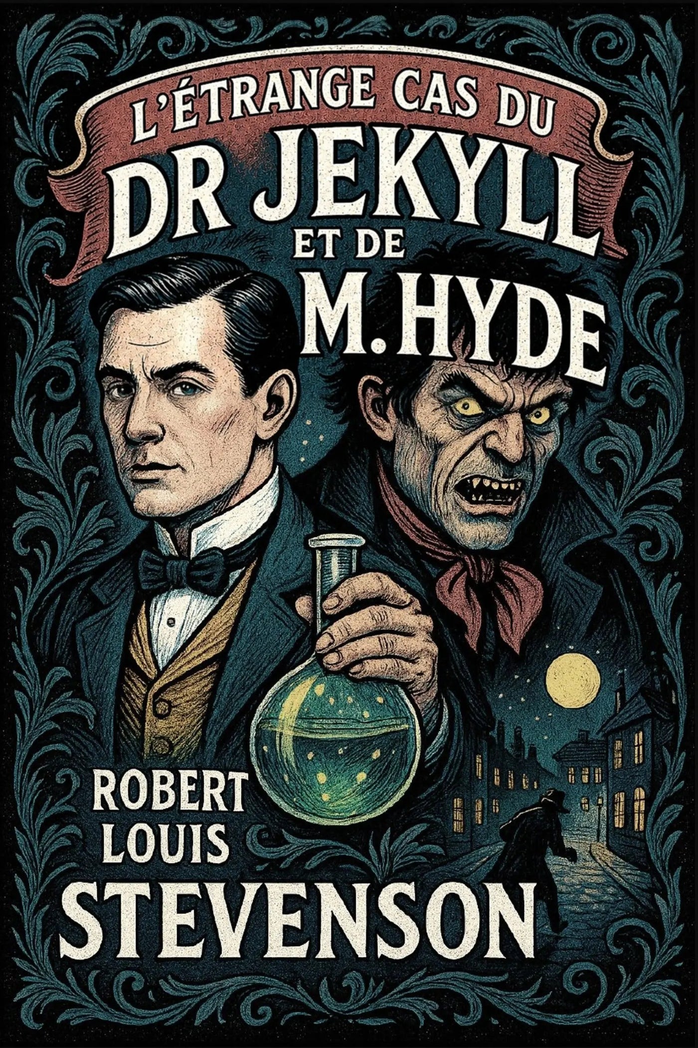 Book cover for 'L’Étrange cas du Dr Jekyll et de M. Hyde' by Robert Louis Stevenson, featuring illustrated portraits of Dr.