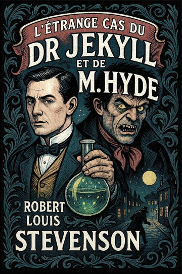 Book cover for 'L’Étrange cas du Dr Jekyll et de M. Hyde' by Robert Louis Stevenson, featuring illustrated portraits of Dr.