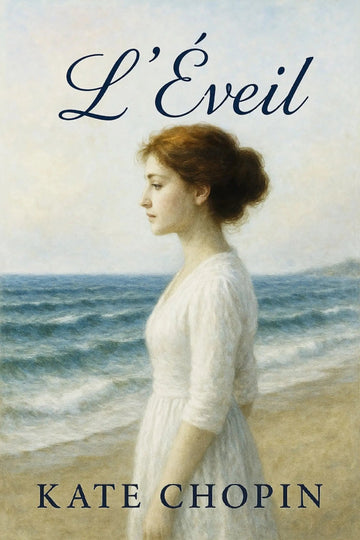 Book cover for 'L’Éveil' by Kate Chopin, featuring a painted woman in a white dress standing on a beach with the ocean behind her. The title appears in large dark script at the top, and the author's name appears in dark serif text at the bottom.