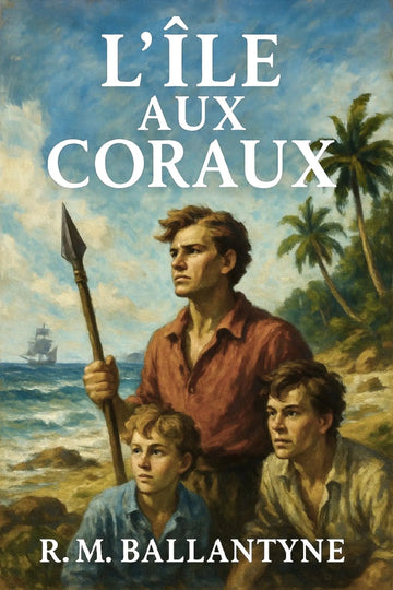 Book cover of 'L’Île aux coraux' with a man and two boys on a beach.