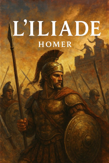 Book cover of 'L’Iliade' by Homer featuring a warrior in armor with a battle scene background.