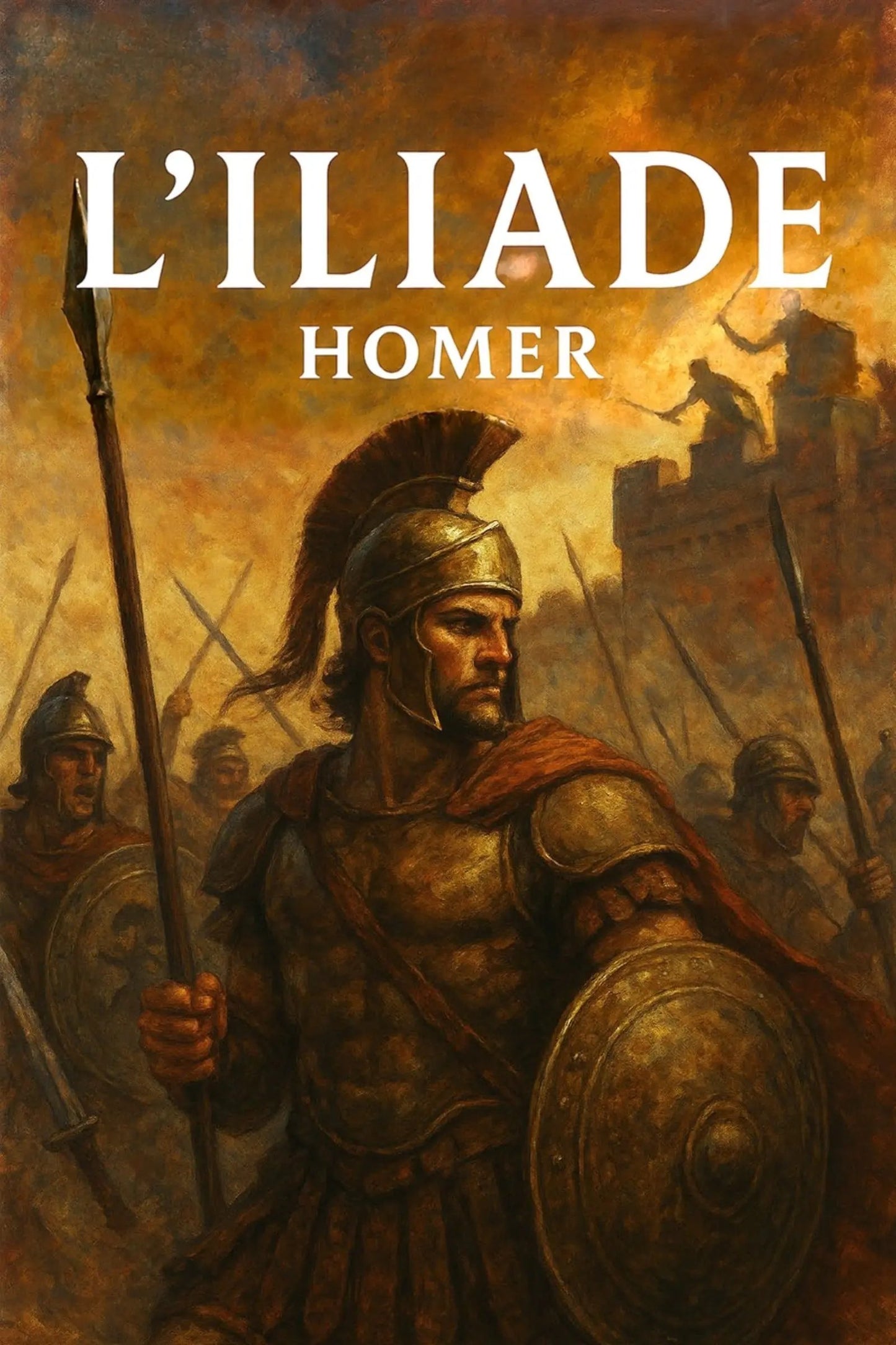 Book cover for 'L’Iliade' by Homer, featuring a painted scene of ancient Greek warriors in armor with spears and shields under a fiery golden sky, with the title in large white text at the top.
