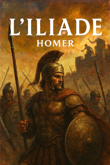 Book cover for 'L’Iliade' by Homer, featuring a painted scene of ancient Greek warriors in armor with spears and shields under a fiery golden sky, with the title in large white text at the top.