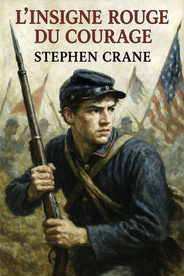 Book cover of 'L’Insigne rouge du courage' by Stephen Crane featuring a soldier with a rifle and American flags.