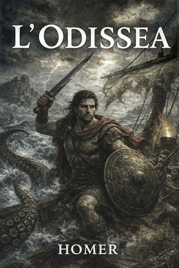 Book cover for 'L’Odissea' by Homer, featuring a dramatic illustration of a warrior holding a sword and shield amidst stormy seas and a shipwreck.