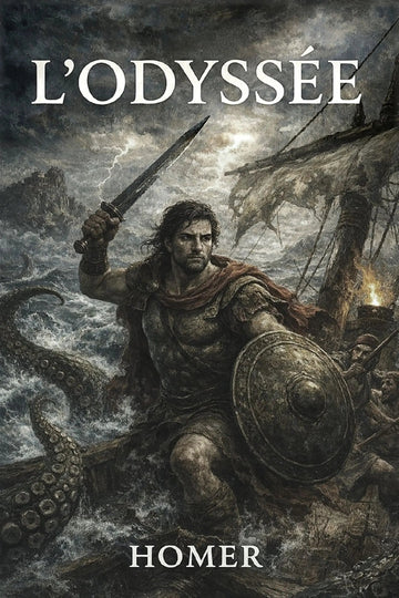 Book cover of 'L’Odyssée' with a warrior and ship in a stormy sea