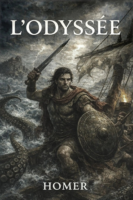 Book cover of 'L’Odyssée' with a warrior and ship in a stormy sea