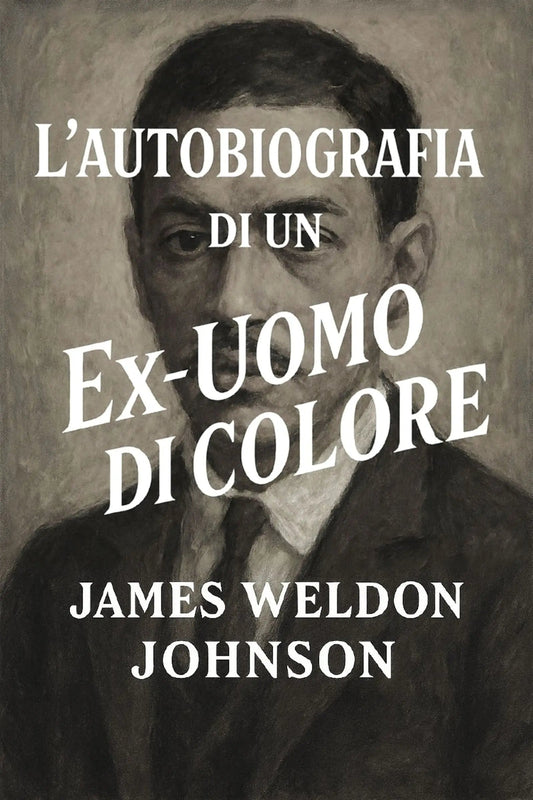 Book cover for 'L’autobiografia di un ex-uomo di colore' by James Weldon Johnson, featuring a sepia-toned portrait painting of a man with large white title text overlaid.