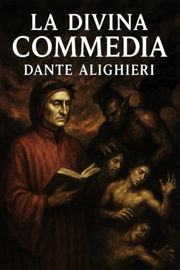 Book cover for 'La Divina Commedia' by Dante Alighieri, featuring a dark, classical painting of figures and a robed figure holding an open book, with the title and author name in large white text at the top.