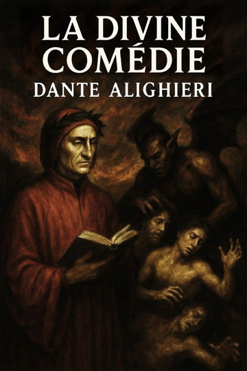 Book cover of 'La Divine Comédie' by Dante Alighieri with a dark background and central figure holding a book.