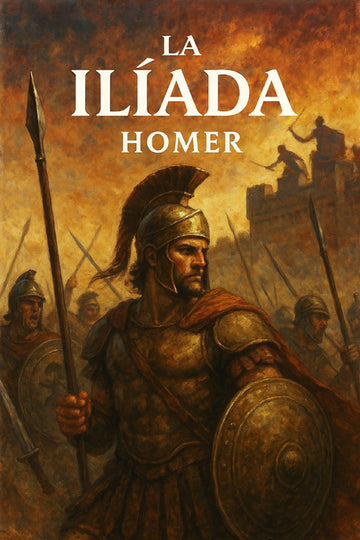 Book cover of 'La Ilíada' by Homer featuring a warrior in armor with a battle scene in the background.