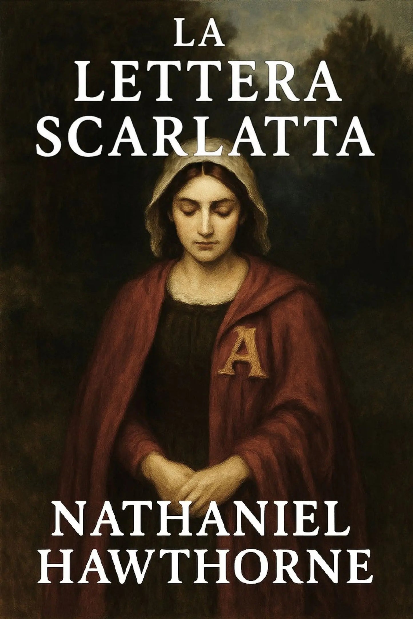 Book cover for 'La Lettera Scarlatta' by Nathaniel Hawthorne, featuring a dark classical painting of a woman in a red cloak with an 'A' emblem, with white title and author text.