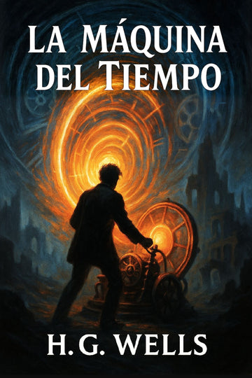 Book cover of 'La Máquina del Tiempo' by H.G. Wells with a silhouette of a man and a time machine.