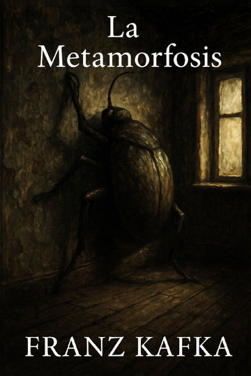 Book cover of 'La Metamorfosis' by Franz Kafka with a beetle on a wooden floor.