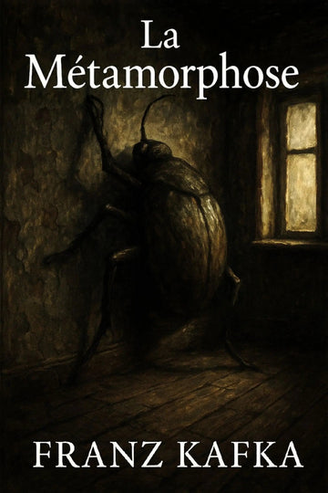Book cover for 'La Métamorphose' by Franz Kafka, featuring a dark, moody illustration of a beetle in a dimly lit room with a window, and the title and author name in white text.