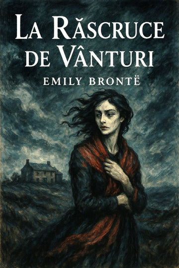 Book cover of 'La Răscruce de Vânturi' by Emily Bronté with a woman in a red coat against a stormy sky.