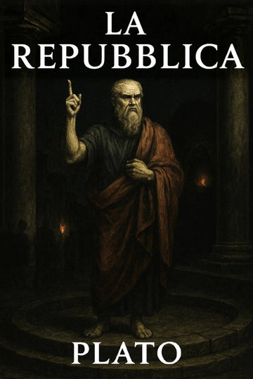 Book cover for 'La Repubblica' by Plato, featuring a dark classical painting of Plato standing in a stone hall with columns, wearing a brown and black robe with a red cloak, and gesturing with one hand. 